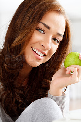 Buy stock photo Healthy diet, eating fresh green apple and fruit nutrition for wellness food, vitamins and fibre. Portrait face of a young, beautiful and happy woman, vegan and nutritionist hungry for organic snack