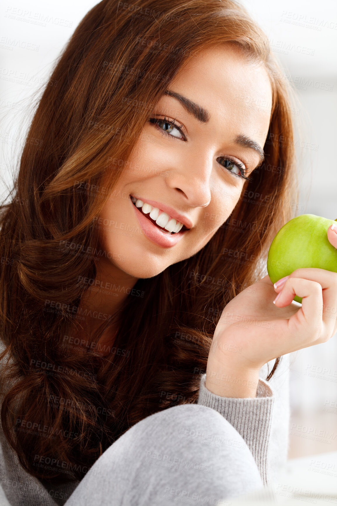 Buy stock photo Healthy diet, eating fresh green apple and fruit nutrition for wellness food, vitamins and fibre. Portrait face of a young, beautiful and happy woman, vegan and nutritionist hungry for organic snack