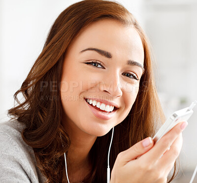 Buy stock photo Woman streaming music with smartphone technology, audio content on headphones and browse internet on weekend. Happy girl listening to podcast at home, healthy skin natural beauty and portrait closeup