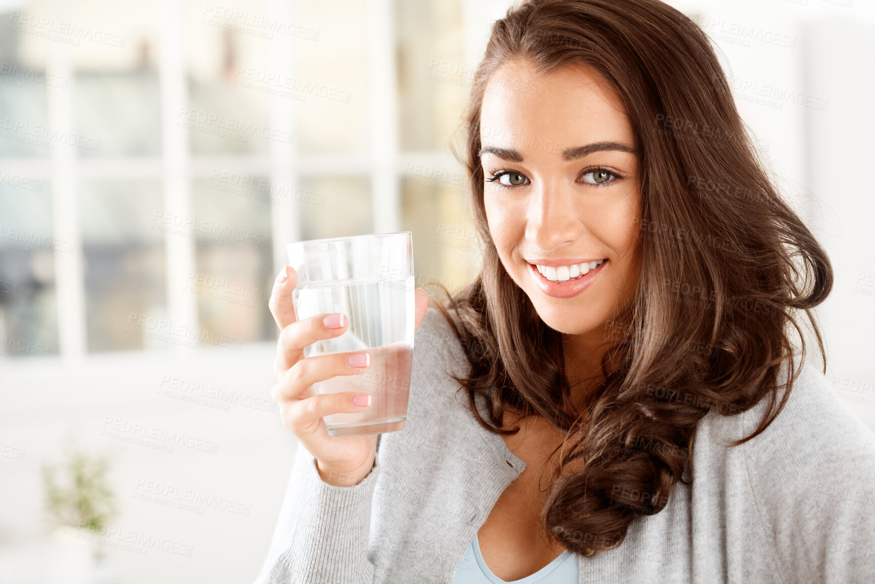 Buy stock photo Woman, portrait and water in glass for health, hydration for thirst and nutrition with beverage at home. Electrolytes, liquid and aqua with h2o, detox and diet with refreshing drink for wellness