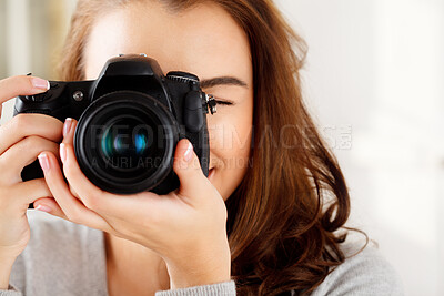 Buy stock photo Happy, woman and photographer with hands and digital camera for photoshoot with creative artist. Young, female person and photography with technology or gear for hobby, picture and production process