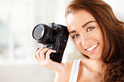 Buy stock photo Portrait of happy woman photographer working in model studio doing photoshoot with camera. Career, creative and photography student doing media project. Lady with startup art production business.