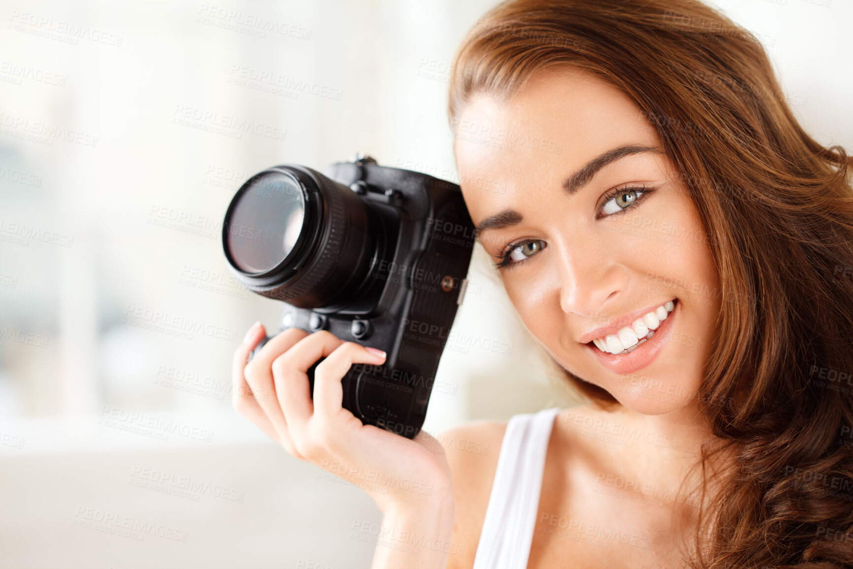 Buy stock photo Portrait of happy woman photographer working in model studio doing photoshoot with camera. Career, creative and photography student doing media project. Lady with startup art production business.