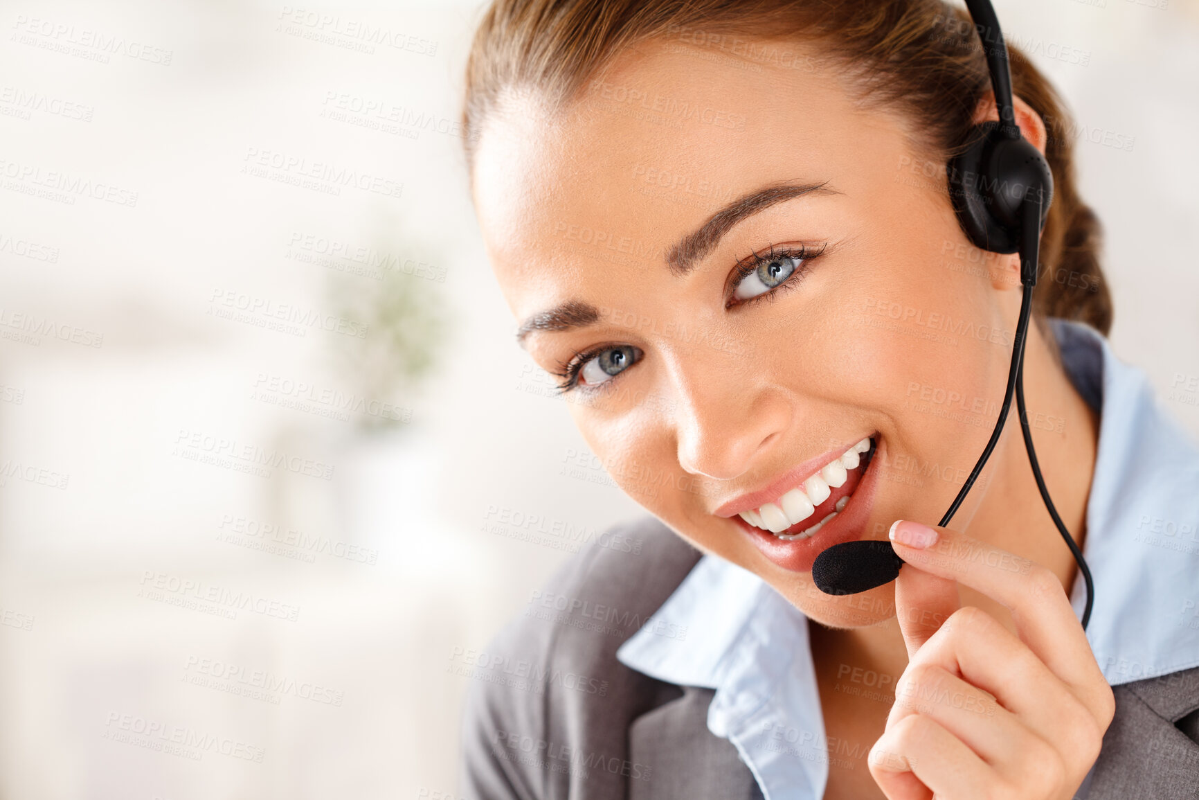 Buy stock photo Woman, call center and contact us worker in customer service, support employee and communication office. Smile portrait of happy receptionist, sales telemarketing consultant and crm consulting agent