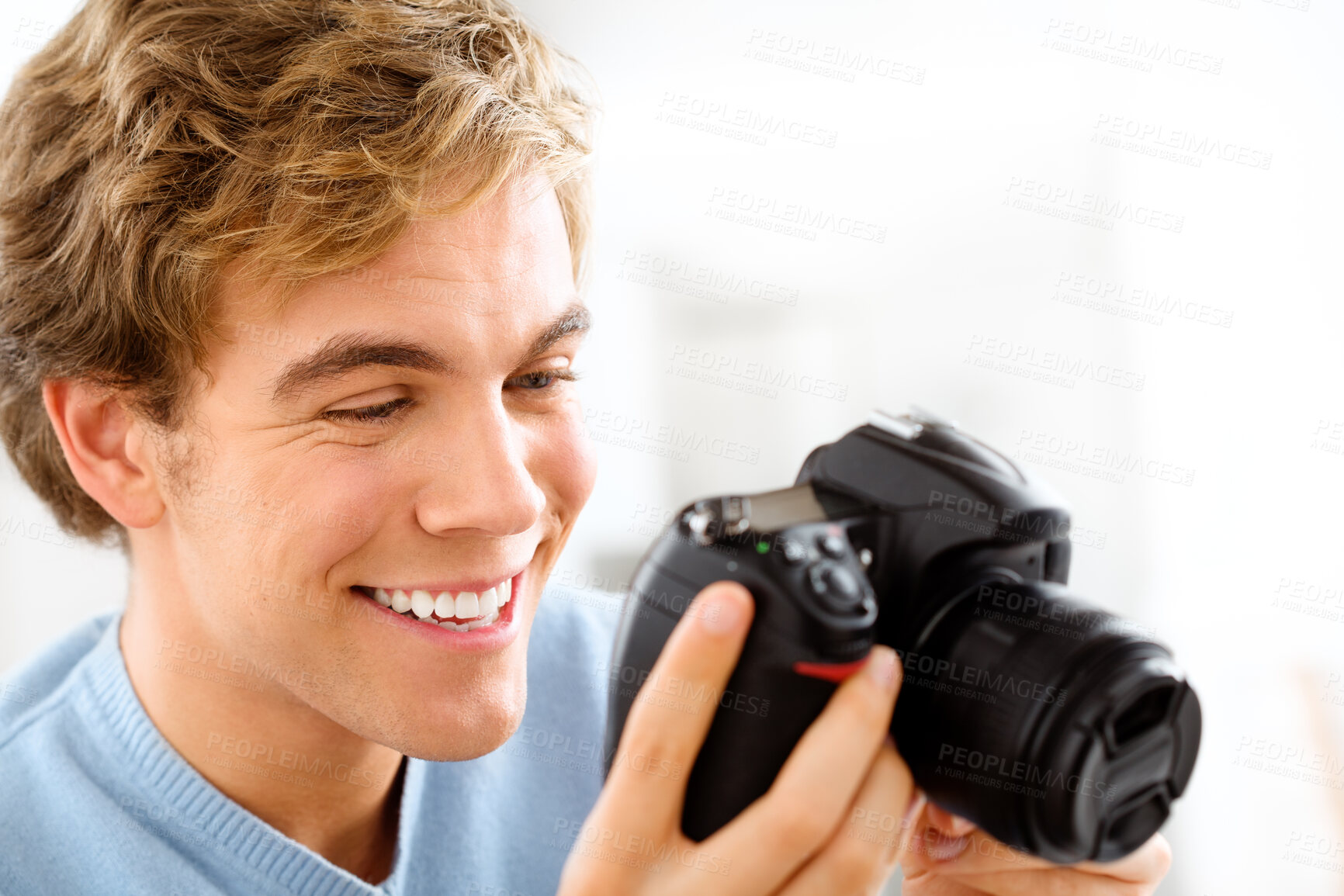 Buy stock photo Man, camera and artist for photo hobby, home and photography for picture or digital image. Male person, equipment and confident for creative career or journalist, capture memories and shooting smile