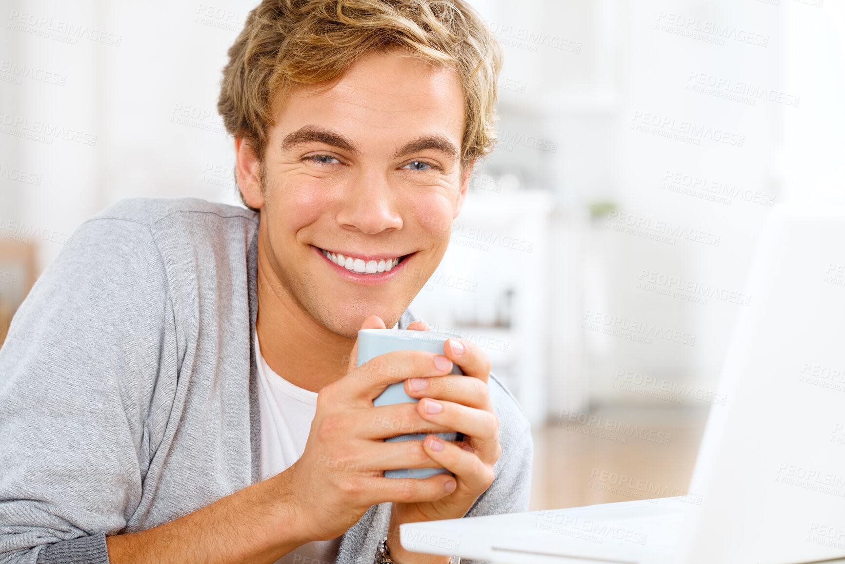 Buy stock photo Happy, man and laptop with coffee break from social media and online connection. Male person, influencer and smile with beverage, computer and lunch at home from creative career and content creation