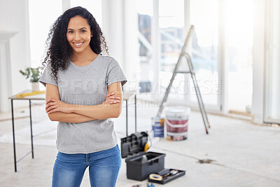 Buy stock photo Shot of a woman standing in a room under renovations