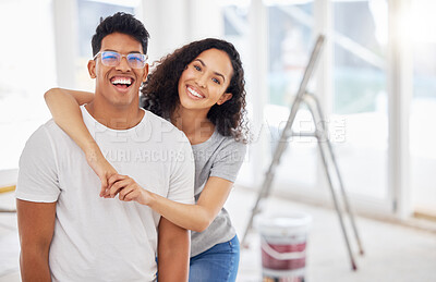 Buy stock photo Portrait, renovation and diy with a couple in their new home together for a remodeling project. Construction, real estate or property improvement with a man and woman bonding over house maintenance
