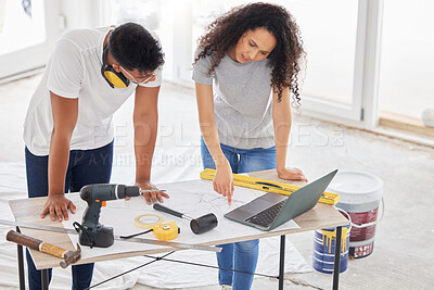 Buy stock photo Maintenance, renovation and blueprint with a couple in their new home together for a remodeling project. Construction, real estate or diy property improvement with a man and woman planning in a house