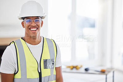 Buy stock photo Portrait, contractor and man with a smile, construction and building project with vest, helmet and architecture. Face, male person and handyman with industrial success, professional and entrepreneur