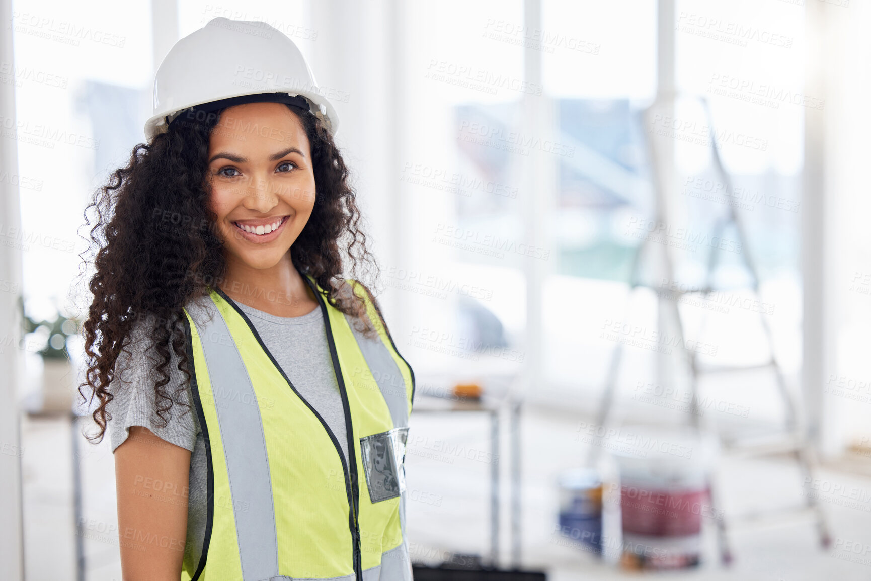 Buy stock photo Woman, portrait and construction with smile, project and planning for building with repair. Architect, engineer and safety helmet for maintenance, renovation and affirmative action in industrial job