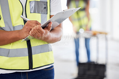 Buy stock photo Hand, clipboard and construction with checklist, project and plan for building with repair. Architect, engineer and teamwork for maintenance, renovation and collaboration in industrial contractor job