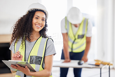 Buy stock photo Woman, clipboard and planning with smile, engineer and construction fr building with repair. Architect, teamwork and safety helmet for maintenance, renovation and affirmative action in industrial job