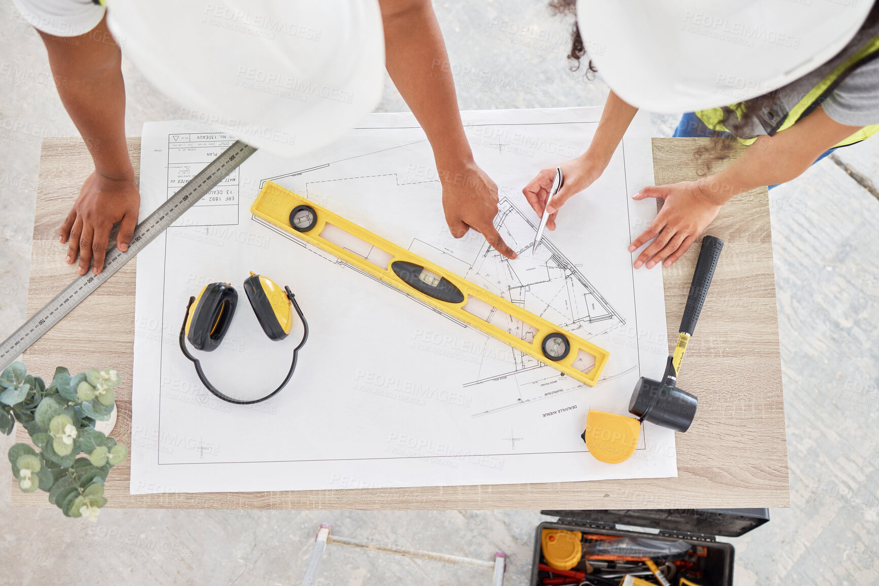 Buy stock photo Above, hands and people drawing on blueprint in office with pencil for building design, layout and project as architect. Table, construction and engineering planning with idea for renovations