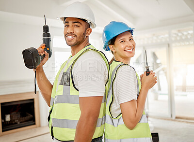 Buy stock photo Couple, workers and portrait with construction tools, maintenance equipment and working contractor for renovation. People, back together and smile for home building, interior design or diy project