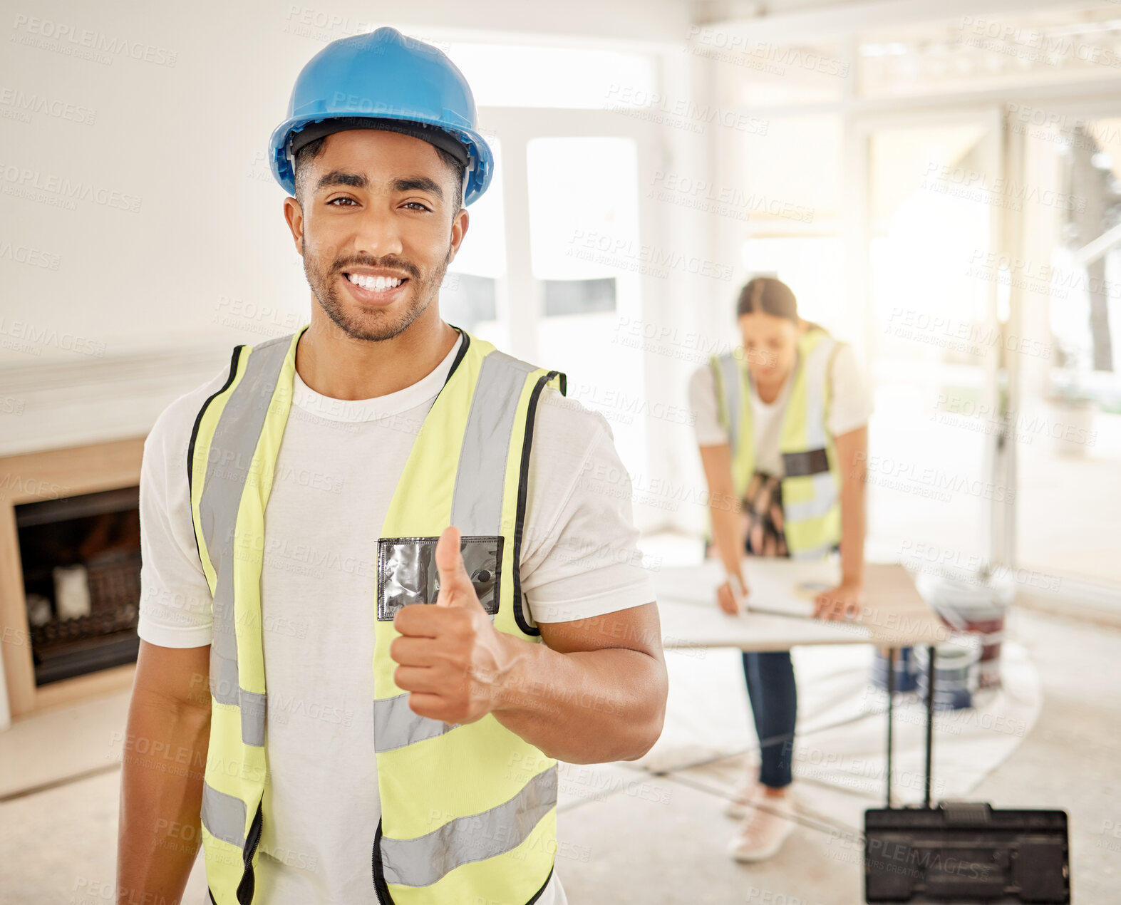 Buy stock photo Portrait of man, construction and home renovation with thumbs up, helmet and smile in apartment. Yes, positive mindset and diy renovations, happy handyman in safety and building project in new house.