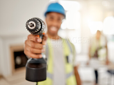 Buy stock photo Engineer, handyman and drill in hand of a man for maintenance or carpenter work. Male construction worker, constructor or contractor with electric power tools at building site for renovation mockup