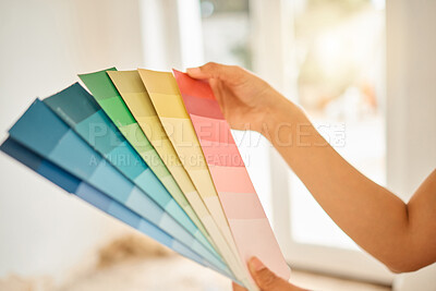 Buy stock photo Woman, hand and choice for wall with colour for interior design for creativity at a house in a closeup. Renovation, interior design and paint chart for home with creative thinking by designer.