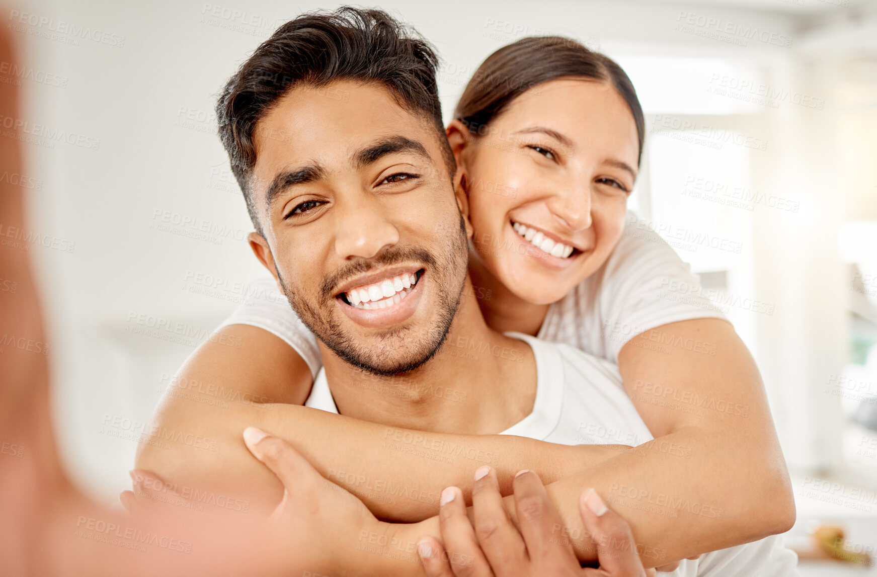 Buy stock photo Hug, portrait and selfie with couple in new home together for bonding, romance or support. Face, love or smile with happy man and woman embracing in apartment for mortgage, property or real estate