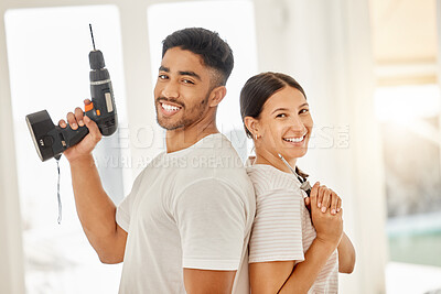 Buy stock photo Couple, working and portrait with construction tools, maintenance equipment and house decoration or renovation. People, back together and smile for home building, interior design or diy project