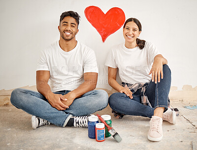 Buy stock photo Happy couple, paint brush and portrait for diy, home improvement as painter in house for renovation. Woman, man and interior design as contractor in apartment for maintenance, decoration on property
