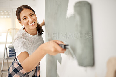 Buy stock photo Woman, renovation and painting a home wall in DIY, house project or maintenance or construction, interior design and decoration. Paint, bedroom or remodel space with paintbrush, roller and painter