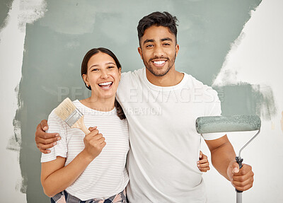 Buy stock photo Happy couple, portrait and painting together for home renovation as partner for house improvement. Woman, man and interior design with tools, apartment and maintenance for decoration on property
