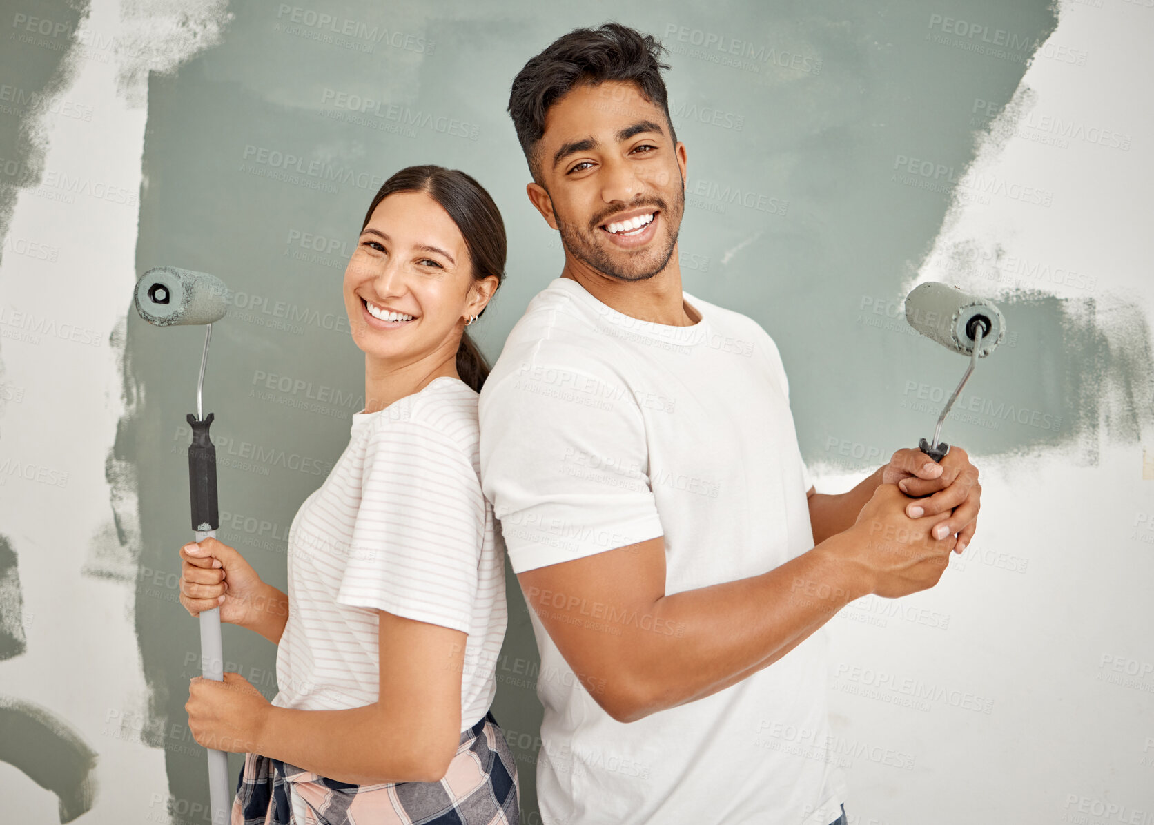 Buy stock photo Happy couple, selfie and painting project for home renovation as partner for house improvement. Woman, man and interior design with paintbrushes, apartment and maintenance for decoration in property
