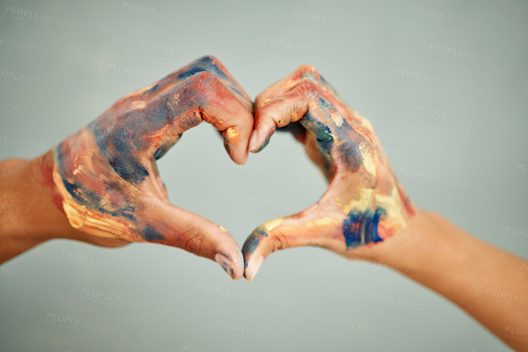 Buy stock photo Art, heart hands and painting with couple in studio on gray background for creative or design. Design, home improvement and renovation with people closeup for DIY, maintenance or project management