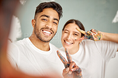 Buy stock photo Love, selfie and happy couple with home renovation, diy or house remodel together with peace hands. Smile, profile picture and man with woman, excited and creative for mural, art or paint maintenance