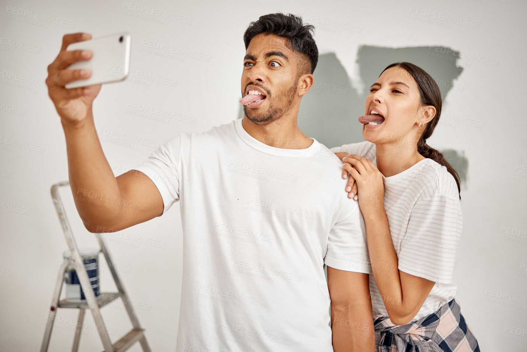 Buy stock photo Happy couple, selfie and painting together for home renovation as partner for house improvement. Woman, man and interior design with expression, apartment and maintenance for decoration on property
