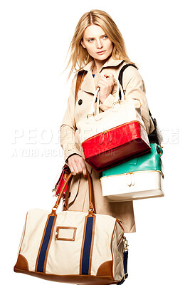 Buy stock photo Woman, luxury fashion and handbags in studio for deal, discount or accessories with white background, Choice, shopping and female person with bags for designer store, product sale or retail purchase