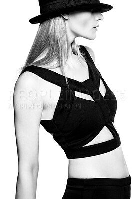 Buy stock photo Woman, studio and fashion with black and white with sexy for trendy with creative for couture. Monochrome, dancer and style inspiration with outfit for runway, individuality and cool with background.