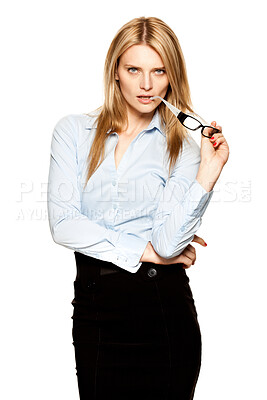 Buy stock photo Secretary, fashion and portrait of woman in studio, white background or professional mockup. Serious, business and paralegal in law firm with glasses, style or corporate admin as receptionist