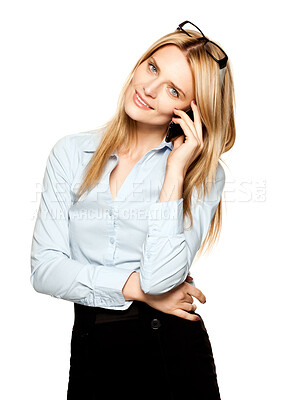 Buy stock photo Businesswoman, smartphone and fashion with portrait in studio for call, chat or communication for work. Female attorney, mobile and clothes on backdrop with conversation for legal, talk in New York