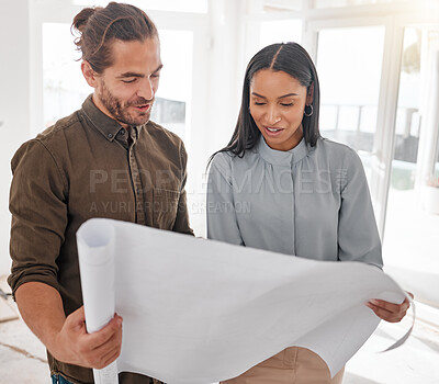 Buy stock photo Architect, teamwork and couple with blueprint for planning at construction site. Document, architecture and happy man and woman with design for engineering, building plan and reading project strategy