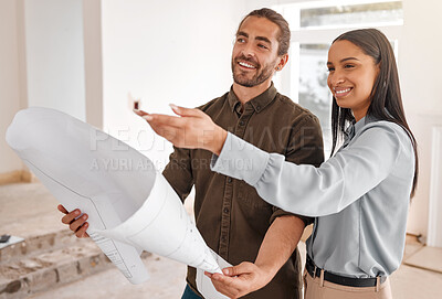 Buy stock photo Teamwork, architect and couple with blueprint at construction site for planning. Document, architecture and happy man and woman with design for engineering, building plan and collaboration on project