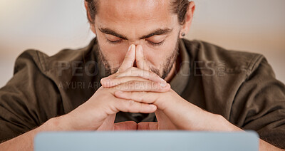 Buy stock photo Shot of a young businessman suffering from a headache at work