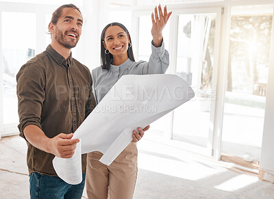 Buy stock photo Architects, teamwork and couple with blueprint for planning at construction site. Document, architecture and happy man and woman with design for engineering collaboration, building and illustration.