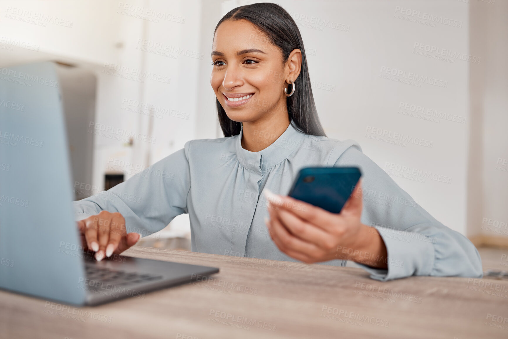 Buy stock photo Laptop, woman and phone for remote work by desk with internet research, typing email and planning app for schedule. Freelancer girl, table and tech with mobile for administration and copywriting job