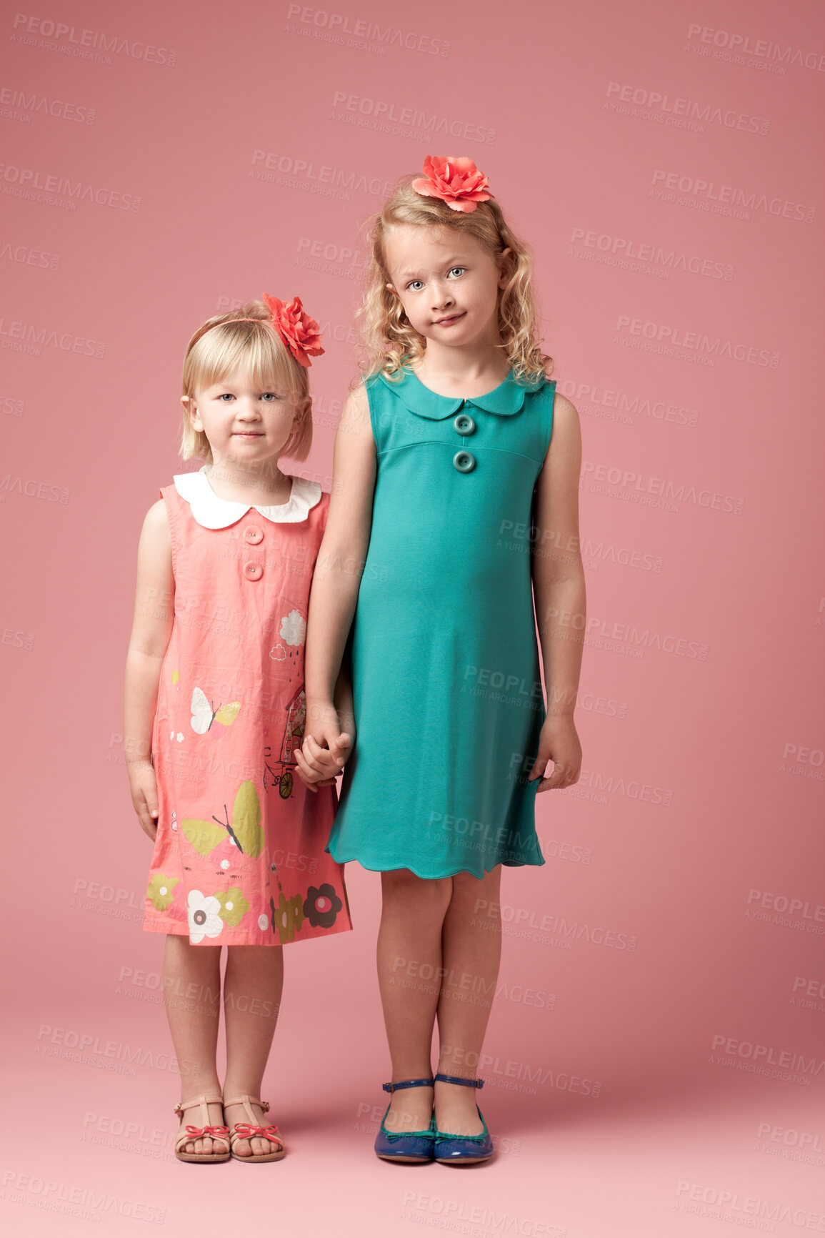 Buy stock photo Portrait, studio background and siblings for fashion with development, vintage clothes and holding hands. Family, love and together with style inspiration by pink backdrop for kids with retro dress