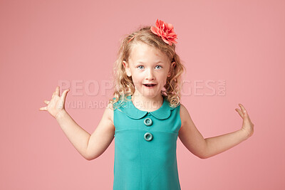 Buy stock photo Female child, shocked and fashion with portrait, amazed and arms open by background. Young girl, surprised and wow in studio with dress, cute and omg expression for excitement in casual clothing 