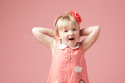 Buy stock photo Studio, child or girl with shock by mockup for surprise, expression and isolated on pink background. Model, backdrop and kid for announcement with face reaction of wow, omg and emoji with space