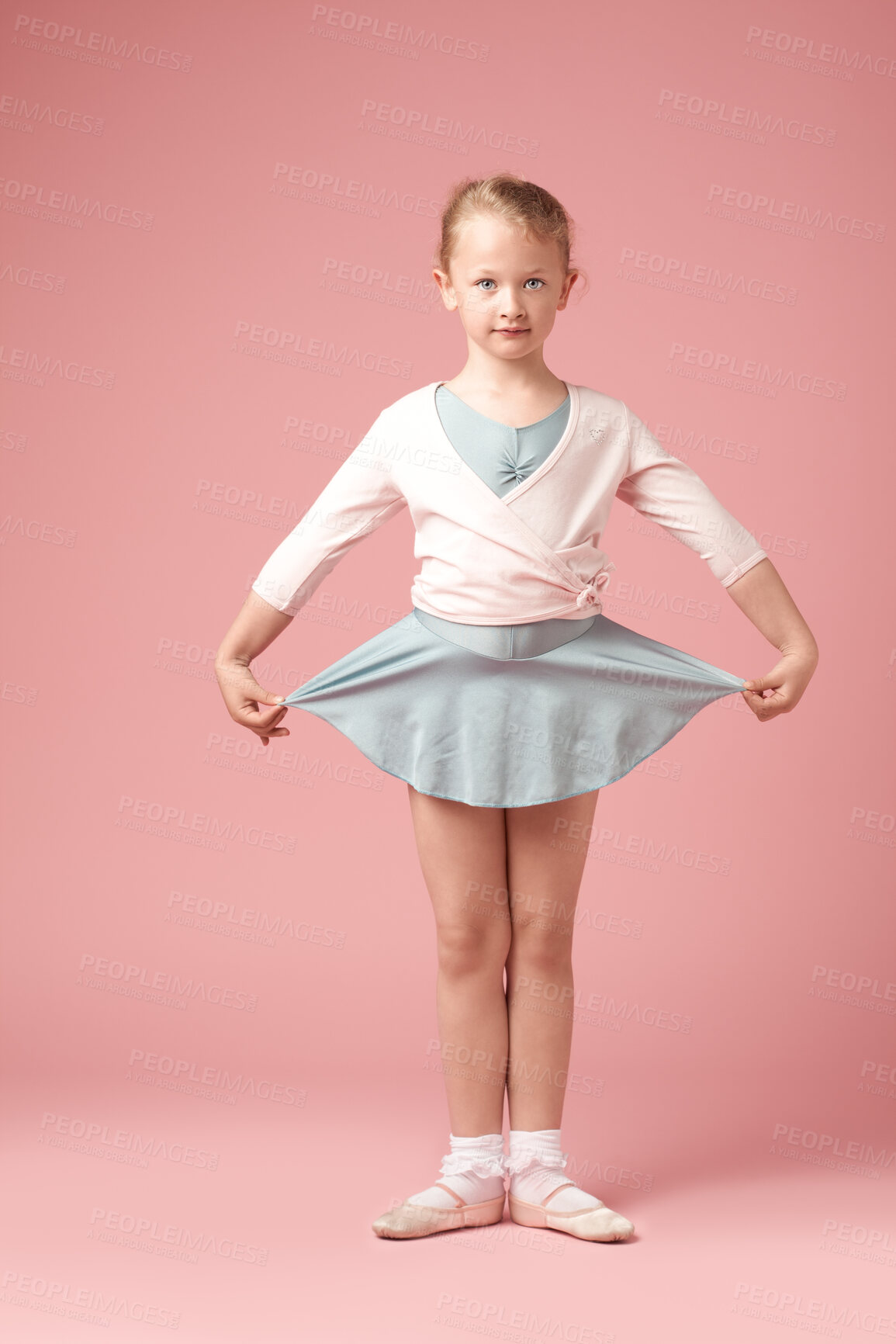 Buy stock photo Girl, ballerina and portrait of child in studio for ballet, costume and pointe shoes on pink background. Mockup space, performance and kid for dance practice, creative arts or childhood development