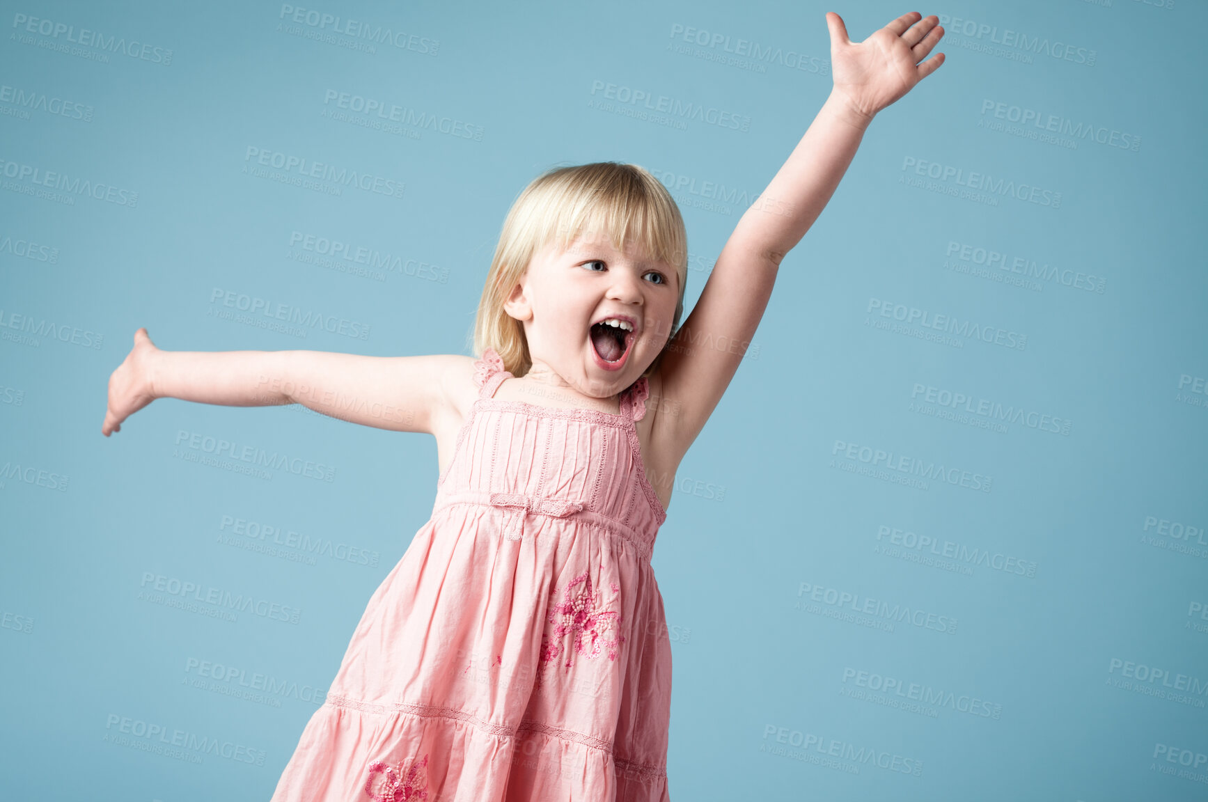 Buy stock photo Studio, child or girl excited with dance for surprise, happy or isolated on blue background. Model, backdrop or kid for announcement with face reaction of wow, omg or shocked emoji with mind blown