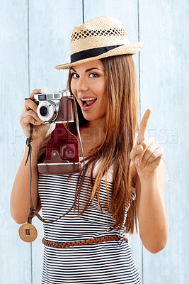 Buy stock photo Happy, portrait and woman photographer for photography on holiday travel in Australia for adventure and sightseeing. Female tourist, camera and shooting photos or pictures with gesture for one chance