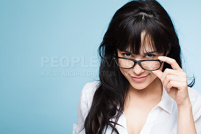 Buy stock photo Mockup, studio and portrait of woman with glasses for eye care, confidence and wellness on blue background. Optometry, frame and female person with lens for prescription, clear vision and eyesight