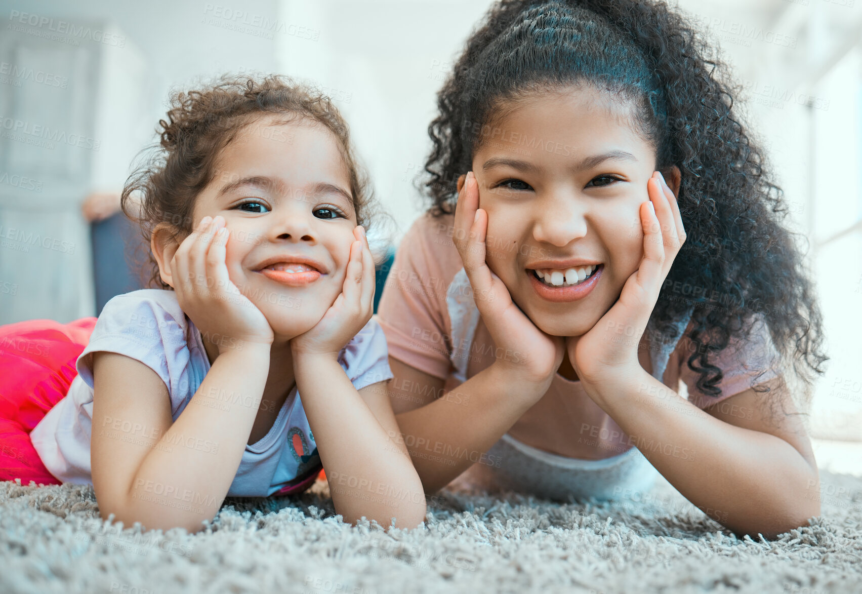 Buy stock photo Happy, kids and portrait of sisters on floor to relax in home or family house with smile or joy together. Face, girls and children siblings on mat or carpet for bonding, healthy development or growth