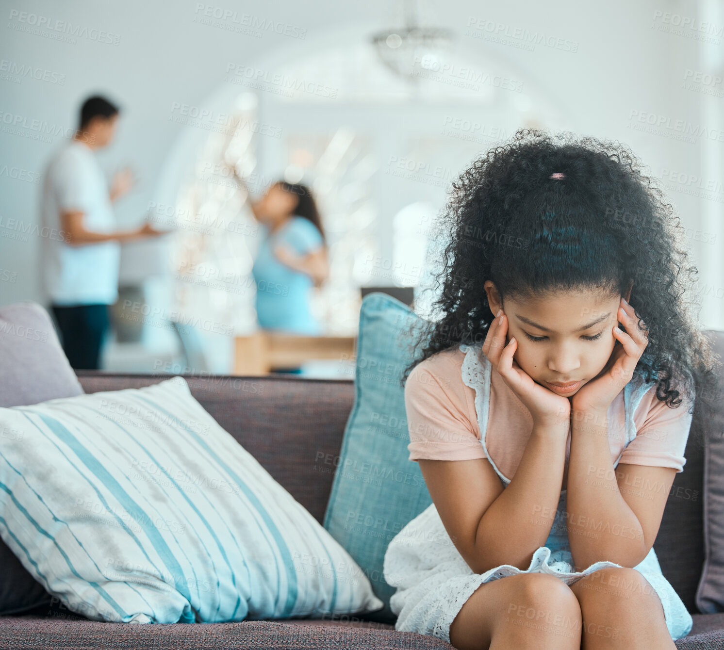 Buy stock photo Sad girl, house and parents with conflict, fighting and anxiety with disagreement in lounge. Home, family and mother with father, unhappy child and divorce with custody battle, stress and depression