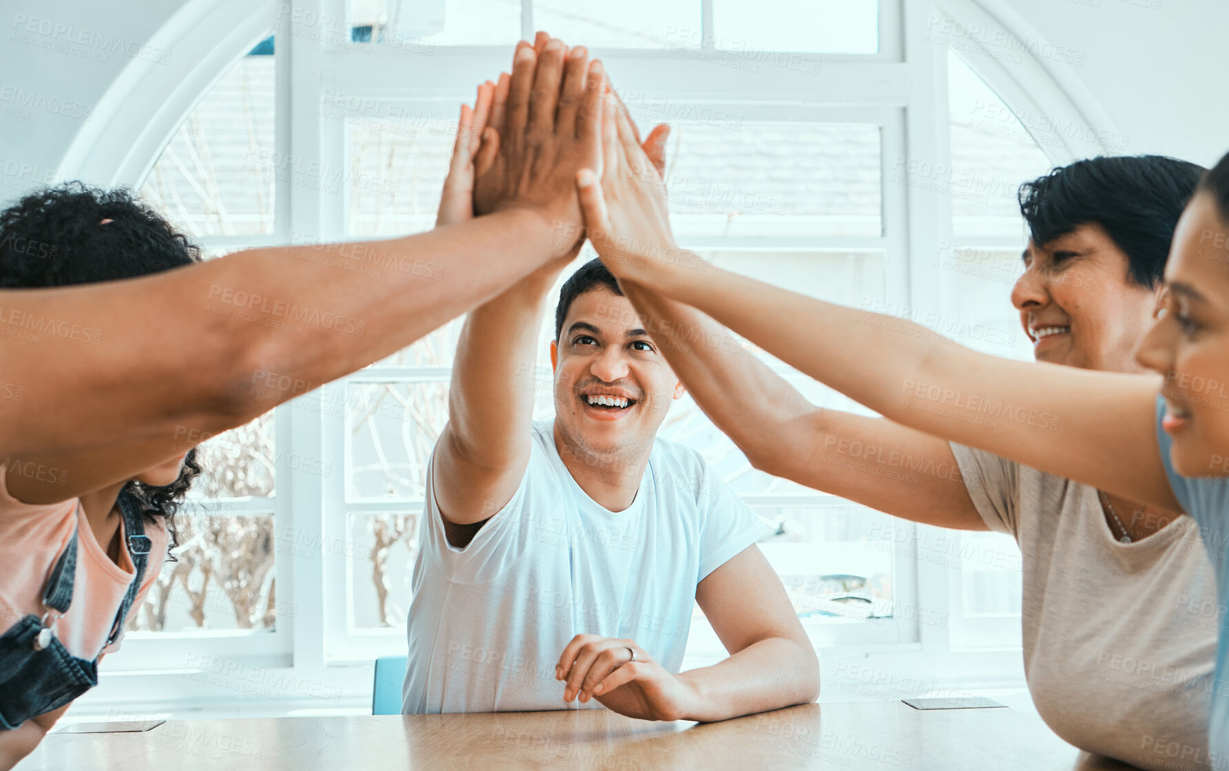 Buy stock photo Happy, family and high five with support at house for bonding success, celebration and achievement of game. Smile, people and victory for collaboration, winning and love together of playful agreement